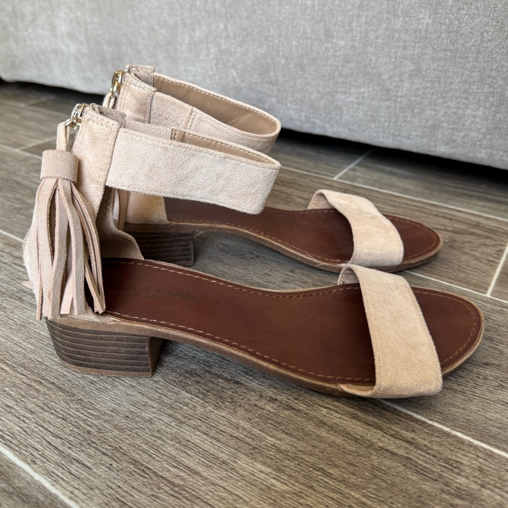 Rock & Candy Neutral Suede Block Heel Sandals with Tassel Ankle Strap